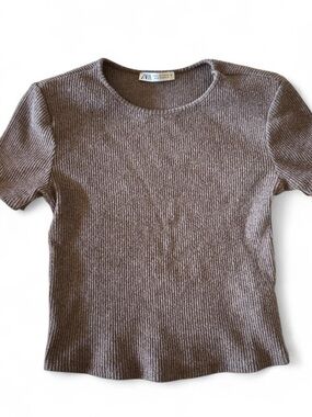 Zara Ribbed Short Sleeve Top in Heather Brown